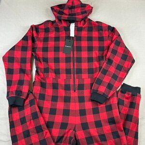 FABLETICS The Go To Fleece Hooded One Piece | Holly Berry Buffalo Pine | S Small